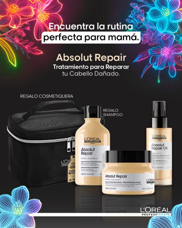 Pack Loreal Pro Absolut Repair Gold (Cosmetiquera +Shampoo, Mascarilla, Termoprotector)