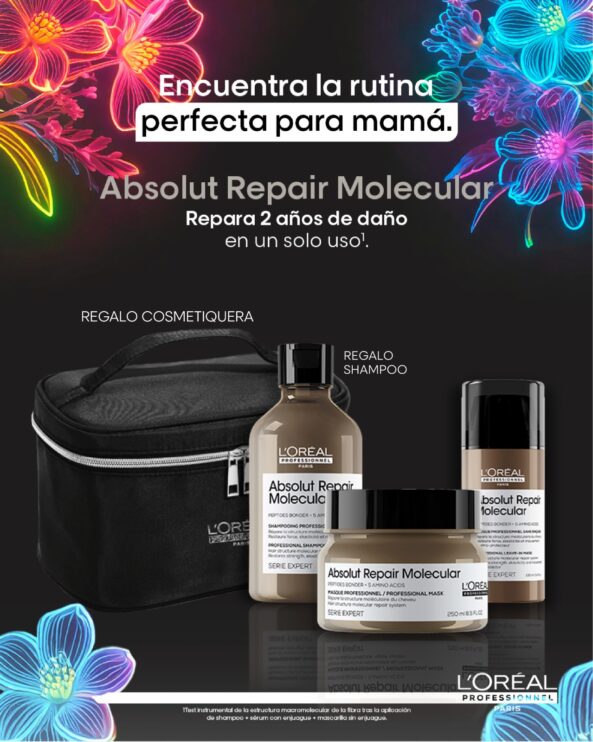 Pack Loreal Pro Absolut Repair Molecular (Cosmetiquera, Shampoo, Mascarilla y Leave in)